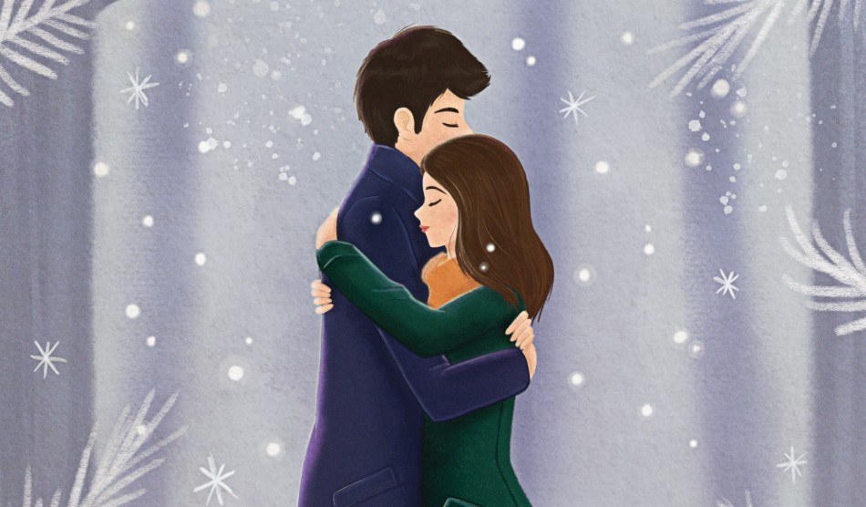 A young man and a young woman hugging.